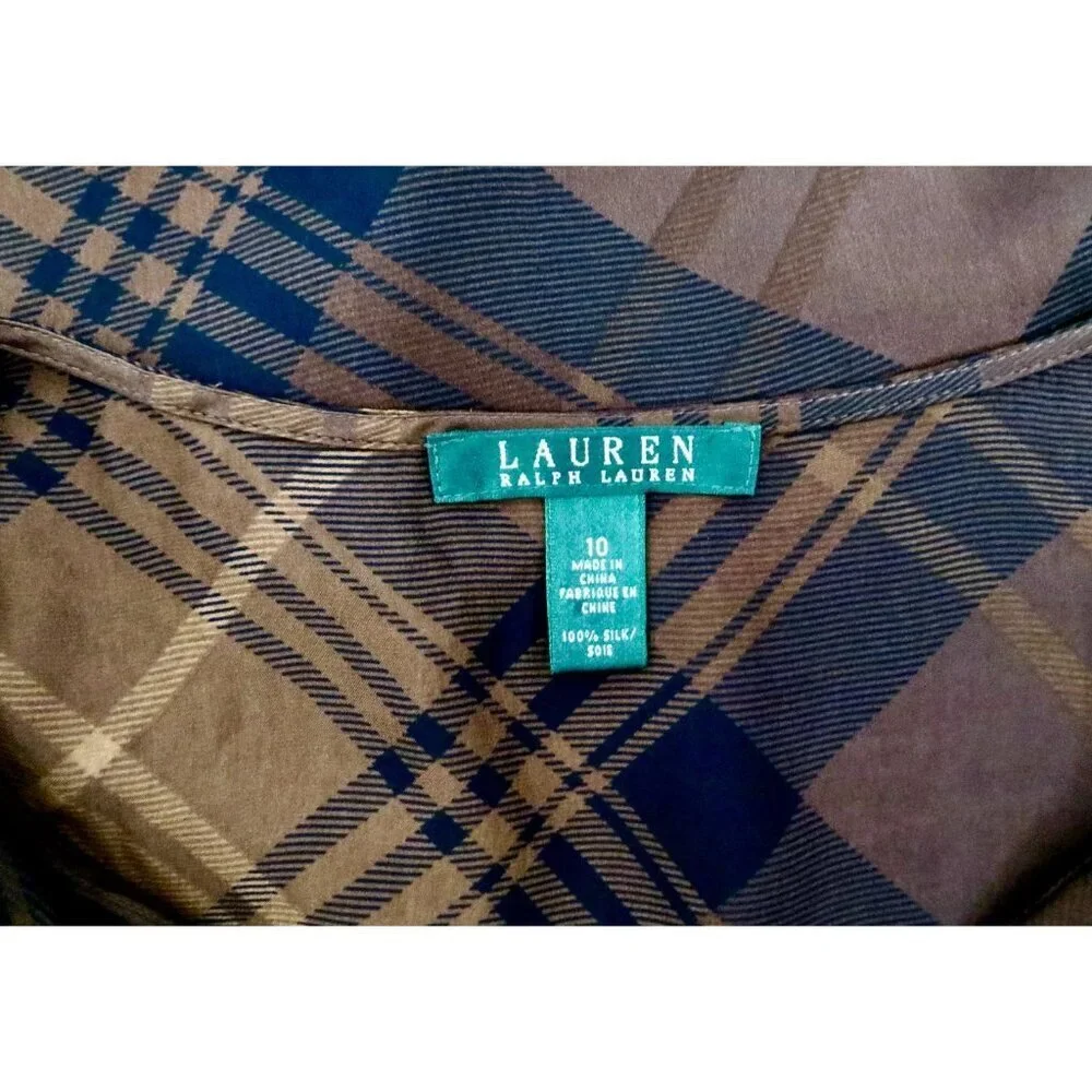 NEW! Lauren Ralph Lauren 100% Silk Wrap Blouse Plaid V-neck Ruffles Brown SZ 10